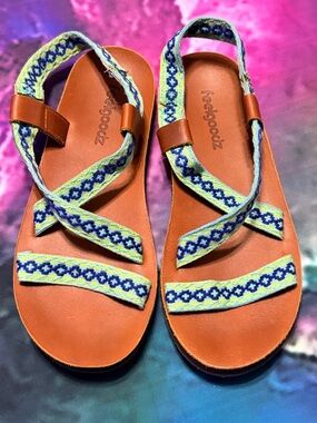Zodiac-Inspired Brown Leather Sandals with Blue and Yellow Straps by FeelGoodz